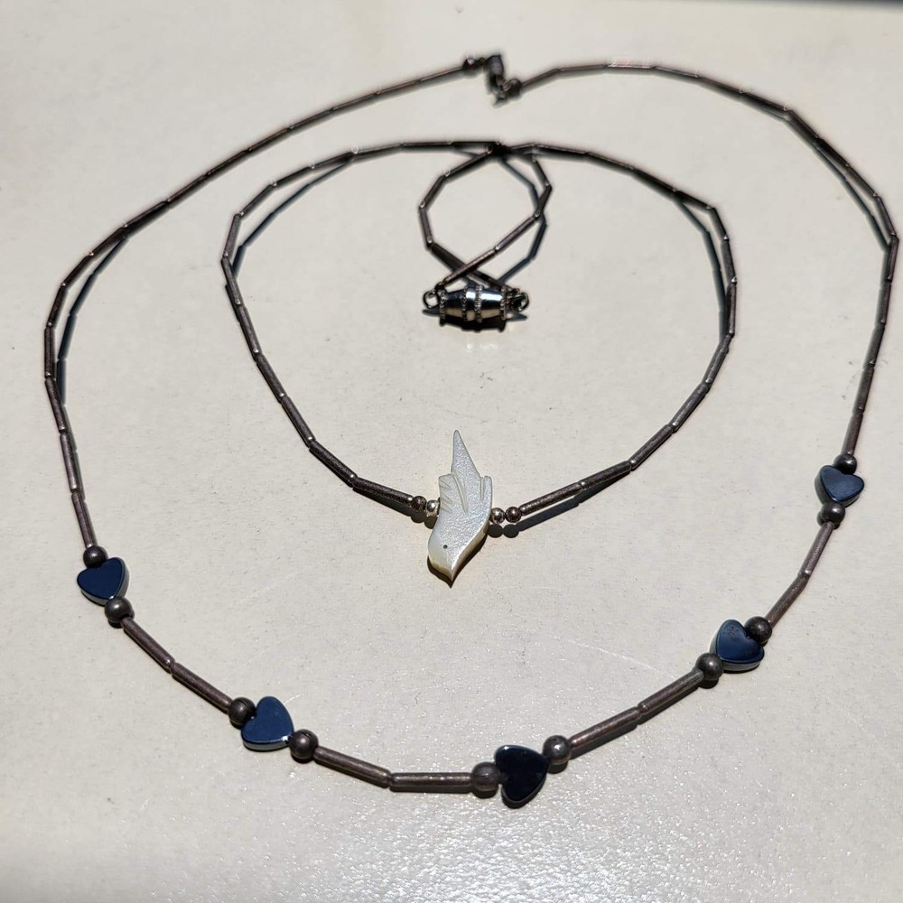 Vintage Liquid Sterling Silver Bird Fetish and Hematite Heart Necklace